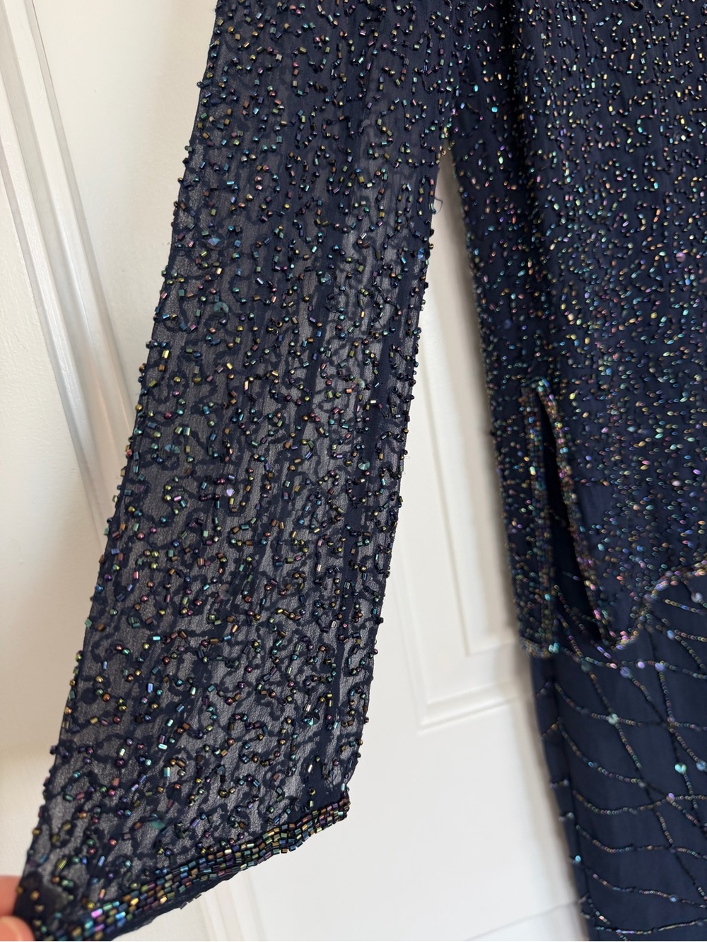 Adrianna Papell 100% Silk Vintage Blue Beaded Iridescent Party Formal Sheer 16 - Picture 8 of 12
